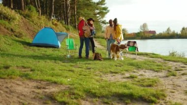 Göl kenarındaki hippi arkadaşlar doğada parti veriyorlar. Dört genç, köpekle gülümseyen birine sarılır. Tatil turizmi macerası. Yavaş çekim