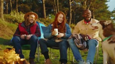Güneş ışığında, doğadaki kamp ateşinin yanında oturan arkadaşlar. Gençler oyunlar hakkında konuşurlar, köpeklerin gülümsemesiyle mutlu olurlar. Tatil turizmi macerası. Yavaş çekim