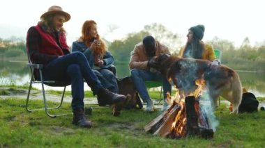 Genç arkadaşlar doğada kamp ateşinin yanında oturuyorlar. Gençler oyunlar hakkında konuşurlar, köpeklerin gülümsemesiyle mutlu olurlar. Tatil turizmi macerası. Yavaş çekim