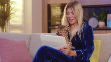 Beyaz tenli sarışın kadın, pijamayla video sohbet tableti teknolojisi sosyal uygulaması çevrimiçi oluyor ve sevimli tekir kedicik Bengal kedisiyle eğleniyor. Modern yaşam tarzı. Evcil hayvanlar.