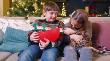 Bengal kedisiyle oynayan iki komik çocuğun portresi evde Noel ağacının yanında patlamış mısır yiyor. Eğlence. Çocukluk.