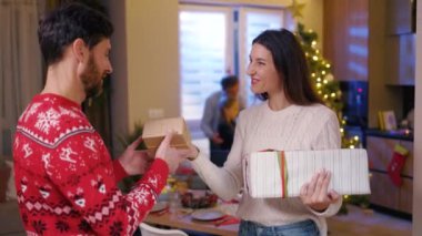 Güzel, genç bir çift Kafkas kadın ve erkek süveter giyip hediyelerini değiş tokuş ediyor evde Noel tatilinin tadını çıkarıyorlar. Aile toplantısı. Duygular.