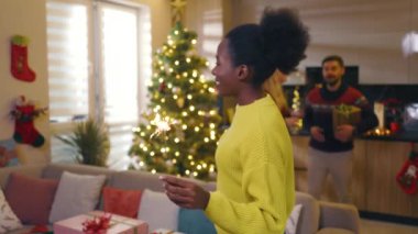 Çok ırklı arkadaşların Noel partisinde ellerinde yanan maytaplarla şarap içerek ve evde kameraya gülümserek gülümsedikleri bir portre. Geleneksel tatil. Kutlama. Mutlu noeller. Kış zamanı. Yavaş