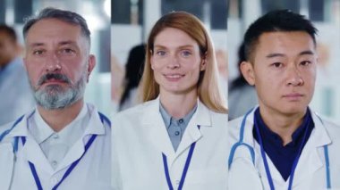 Karışık ırk doktorları hastanede gülümseyen kameralara bakar. Çoklu ekran grup fotoğrafı. Kolaj bölünmüş ekran. İşçi portresi, çok ırklı meslektaşlar. Yavaş çekim
