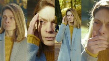 Hasta, güzel ve genç bir kadın kameraya baktığında midesi bulanıyor. Çoklu ekran grup fotoğrafı. Kolaj bölünmüş ekran. Yavaş çekim