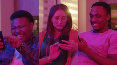 Çok ekran bir grubun portresi. Neon ışıklı aydınlatma evlerinde yaşayan güzel insanlar. Telefonu kullanıyorlar. Afrika kökenli. Eğleniyorum. İçerideki teknoloji. Yavaş çekim