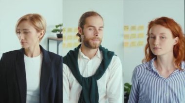 Melez iş adamlarının kolaj portresi kameraya bakıp gülümsüyor. Çoklu Ekran. İş konsepti. Çok ırklı poz veren bir adam. Yavaş çekim