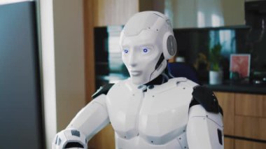 Yapay Zeka Robotu Beyaz Sayborg Bilgisayar Bakışları Klavyesini Dairedeki Kameraya Veriyor. Gelecek şimdidir. Robot Teknolojileri. Robot İşçi.