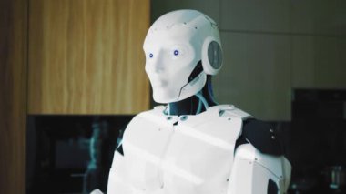 El ele tutuşan düşünceli, beyaz robot robot modern bir dairede ayakta duran hayatı düşünüyor. Yapay zeka. Gelecek..