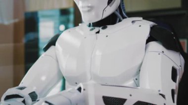 Beyaz modern robot robot Robert bilgisayar klavyesinde çalışıyor dijital veri işleme projesini analiz ediyor. Yapay zeka.