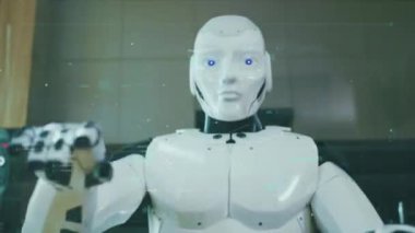 Şeffaf Holografik Dokunmatik Dokunmatik Yenilikçi Gadget Kullanan Robotik İnsansı. Araştırma Merkezi 'nde çalışıyorum. Grafik Kullanıcı Arayüzü. Navigasyon, Gelecek, Teknoloji kavramı. Gelecek şimdidir.