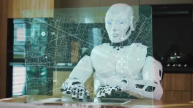 Şeffaf Holografik Dokunmatik Dokunmatik Yenilikçi Gadget Kullanan Robotik İnsansı. Araştırma Merkezi 'nde çalışıyorum. Grafik Kullanıcı Arayüzü. Navigasyon, Gelecek, Teknoloji kavramı. Gelecek şimdidir.