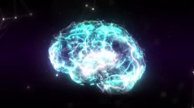 Flying Inside Digital Brain 'ın yakın çekimi. Yapay Zeka 'nın soyutlanması içindeki elektriksel dürtüler. Büyük Data. Düşünme Süreci. Derin Öğrenme. Bilgisayar Teknolojileri. Siberin Dijital Beyni