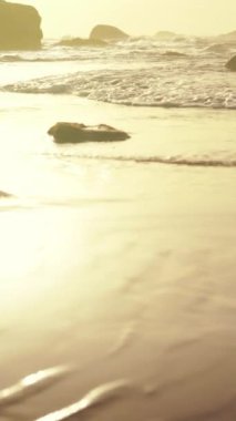 Hafif dalgalarla altın gün doğumu kıyısı, ıslak kumda dağılmış kayalar sıcak ışığı yansıtıyor, ince gelgit geliyor.
