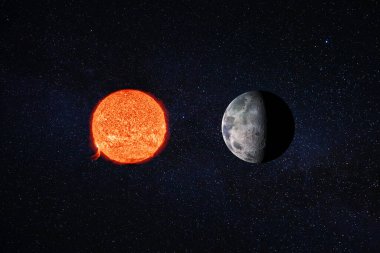 Güneş ve ay uzayda gökyüzünün arka planına karşı. Astronomi ve bilim konsepti. NASA tarafından desteklenen görüntü elementleri