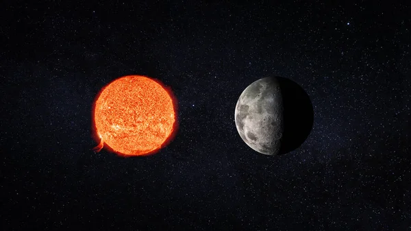 Nap és hold az űrben a csillagég hátterével szemben. Csillagászat és tudomány koncepció. A NASA által biztosított képelemek — Stock Fotó
