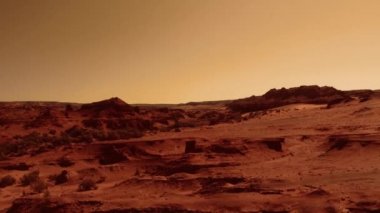 Paslı turuncu gölgelerdeki fantastik Mars manzarası Mars yüzeyi, Çöl, Uçurumlar, kum. Uzaylı manzarası. Kızıl Gezegen Mars.