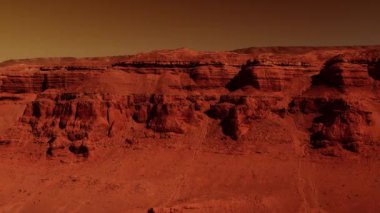 Paslı turuncu gölgelerdeki fantastik Mars manzarası Mars yüzeyi, Çöl, Uçurumlar, kum. Uzaylı manzarası. Kızıl Gezegen Mars.