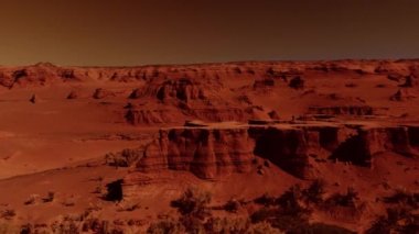 Paslı turuncu gölgelerdeki fantastik Mars manzarası Mars yüzeyi, Çöl, Uçurumlar, kum. Uzaylı manzarası. Kızıl Gezegen Mars.