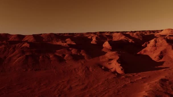 Fantastische Marslandschaft Rostigen Orangetönen Marsoberfläche Wüste Klippen Sand Fremde Landschaft — Stockvideo