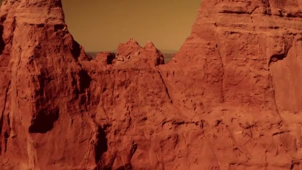 Fantastische Marslandschaft Rostigen Orangetönen Marsoberfläche Wüste Klippen Sand Fremde Landschaft — Stockvideo