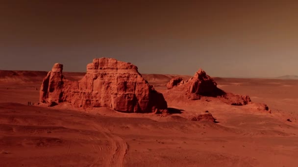 Fantastische Marslandschaft Rostigen Orangetönen Marsoberfläche Wüste Klippen Sand Fremde Landschaft — Stockvideo