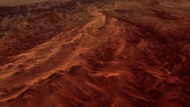 Paslı turuncu gölgelerdeki fantastik Mars manzarası Mars yüzeyi, Çöl, Uçurumlar, kum. Uzaylı manzarası. Kızıl Gezegen Mars.