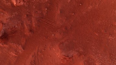Mars manzarası, yüzeyde tekerlek izleri. Gobi Çölü 'ndeki hava manzarası. Dinozorların kalıntılarının dinlendiği ve yumurtalarının serildiği yanmış toprak. Moğolistan. Herman-Tsav Kanyonu.