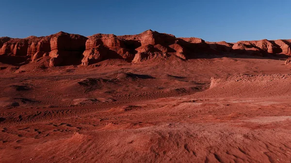 Martian landscape, Flaming Cliffs aerial view in the Gobi Desert. Scorched earth where the remains of dinosaurs rest, and the layings of their eggs. Mongolia. Canyon Herman-Tsav.