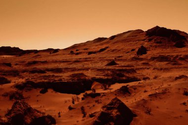 Paslı turuncu gölgelerdeki fantastik Mars manzarası Mars yüzeyi, Çöl, Uçurumlar, kum. Uzaylı manzarası. Kızıl Gezegen Mars.