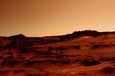 Paslı turuncu gölgelerdeki fantastik Mars manzarası Mars yüzeyi, Çöl, Uçurumlar, kum. Uzaylı manzarası. Kızıl Gezegen Mars.