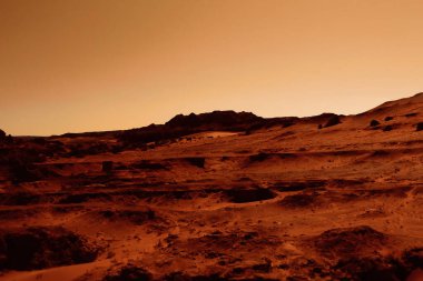 Paslı turuncu gölgelerdeki fantastik Mars manzarası Mars yüzeyi, Çöl, Uçurumlar, kum. Uzaylı manzarası. Kızıl Gezegen Mars.
