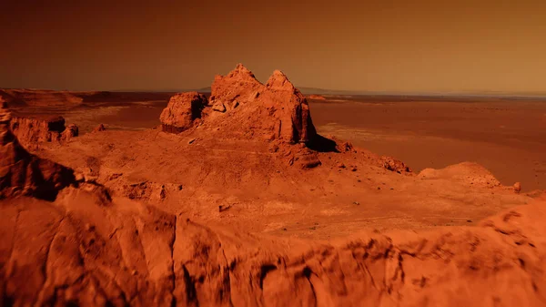 Fantastic martian landscape in rusty orange shades, Mars surface, Desert, Cliffs, sand. Alien landscape. Red planet mars.