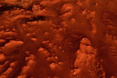 Paslı turuncu gölgelerdeki fantastik Mars manzarası Mars yüzeyi, Çöl, Uçurumlar, kum. Uzaylı manzarası. Kızıl Gezegen Mars.