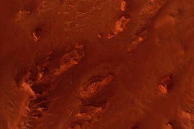 Paslı turuncu gölgelerdeki fantastik Mars manzarası Mars yüzeyi, Çöl, Uçurumlar, kum. Uzaylı manzarası. Kızıl Gezegen Mars.