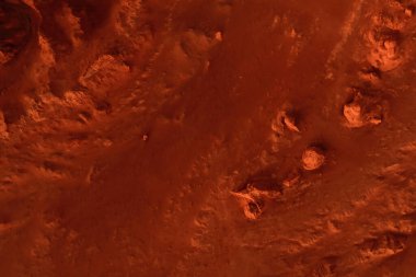 Paslı turuncu gölgelerdeki fantastik Mars manzarası Mars yüzeyi, Çöl, Uçurumlar, kum. Uzaylı manzarası. Kızıl Gezegen Mars.