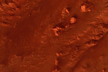 Paslı turuncu gölgelerdeki fantastik Mars manzarası Mars yüzeyi, Çöl, Uçurumlar, kum. Uzaylı manzarası. Kızıl Gezegen Mars.