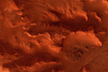 Paslı turuncu gölgelerdeki fantastik Mars manzarası Mars yüzeyi, Çöl, Uçurumlar, kum. Uzaylı manzarası. Kızıl Gezegen Mars.