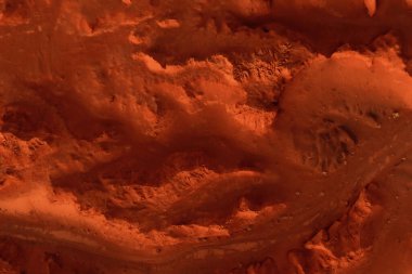 Paslı turuncu gölgelerdeki fantastik Mars manzarası Mars yüzeyi, Çöl, Uçurumlar, kum. Uzaylı manzarası. Kızıl Gezegen Mars.