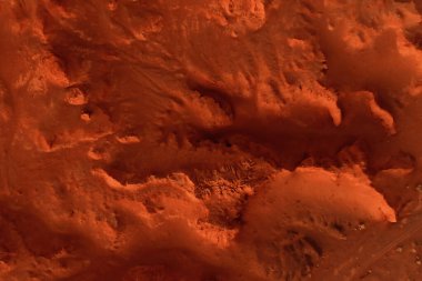 Paslı turuncu gölgelerdeki fantastik Mars manzarası Mars yüzeyi, Çöl, Uçurumlar, kum. Uzaylı manzarası. Kızıl Gezegen Mars.