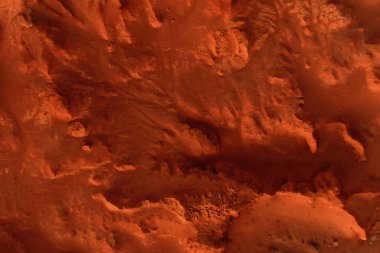 Paslı turuncu gölgelerdeki fantastik Mars manzarası Mars yüzeyi, Çöl, Uçurumlar, kum. Uzaylı manzarası. Kızıl Gezegen Mars.