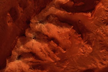 Paslı turuncu gölgelerdeki fantastik Mars manzarası Mars yüzeyi, Çöl, Uçurumlar, kum. Uzaylı manzarası. Kızıl Gezegen Mars.
