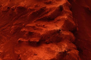 Paslı turuncu gölgelerdeki fantastik Mars manzarası Mars yüzeyi, Çöl, Uçurumlar, kum. Uzaylı manzarası. Kızıl Gezegen Mars.