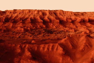 Paslı turuncu gölgelerdeki fantastik Mars manzarası Mars yüzeyi, Çöl, Uçurumlar, kum. Uzaylı manzarası. Kızıl Gezegen Mars.