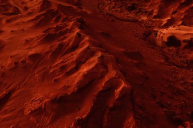 Paslı turuncu gölgelerdeki fantastik Mars manzarası Mars yüzeyi, Çöl, Uçurumlar, kum. Uzaylı manzarası. Kızıl Gezegen Mars.
