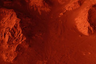 Paslı turuncu gölgelerdeki fantastik Mars manzarası Mars yüzeyi, Çöl, Uçurumlar, kum. Uzaylı manzarası. Kızıl Gezegen Mars.