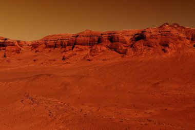 Paslı turuncu gölgelerdeki fantastik Mars manzarası Mars yüzeyi, Çöl, Uçurumlar, kum. Uzaylı manzarası. Kızıl Gezegen Mars.