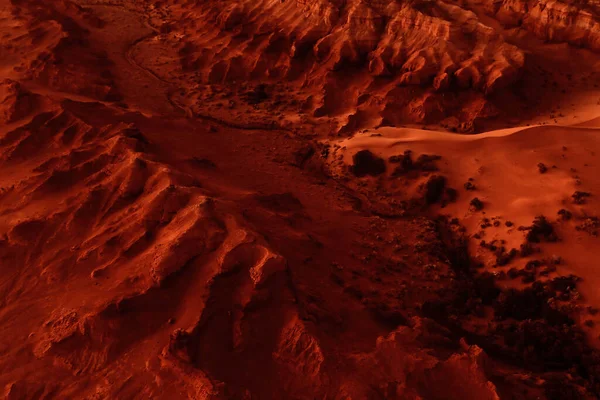 Fantastic martian landscape in rusty orange shades, Mars surface, Desert, Cliffs, sand. Alien landscape. Red planet mars.