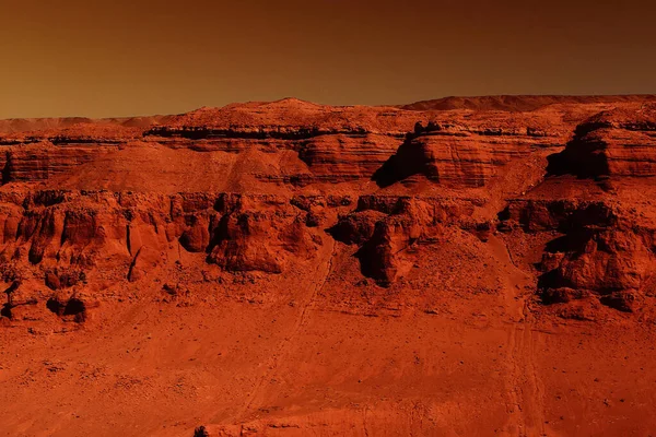 Fantastische Marslandschaft Rostigen Orangetönen Marsoberfläche Wüste Klippen Sand Fremde Landschaft — Stockfoto