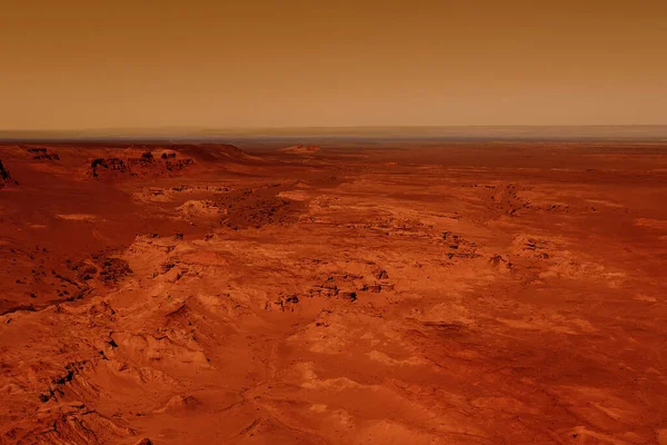 Fantastic martian landscape in rusty orange shades, Mars surface, Desert, Cliffs, sand. Alien landscape. Red planet mars.